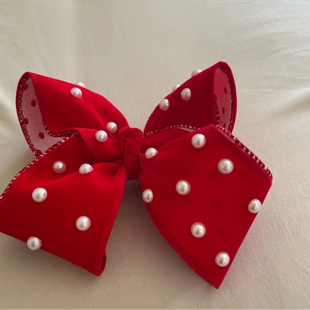 Handmade Red Bow with Pearls elegant polkadot valentines day feminine love chic